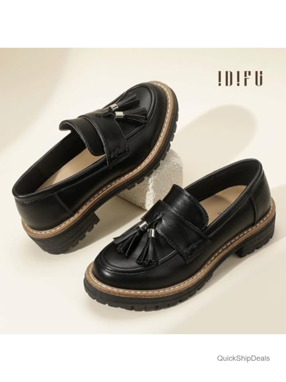 IDIFU Women's Chunky Platform Loafers Slip On Lug Sole Low Heel Tassel Dress - Picture 5 of 5
